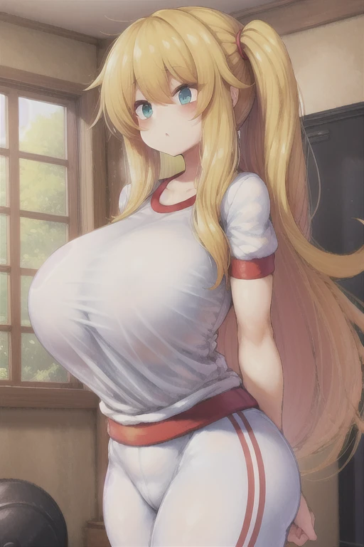 Close-up of a woman with long blonde hair, brown eyed woman, classic women, big breasts, had very large breasts, Made at Anime Painter Studio, Tits, clothing:white tank top, women romance, anime style, muscular woman, skin tight tank top, feminine and muscular, tall, high school girl, adult sex appeal, wore a tight skirt, anime dick!!!!, tanktop with an white, bare shoulders, bare arms,