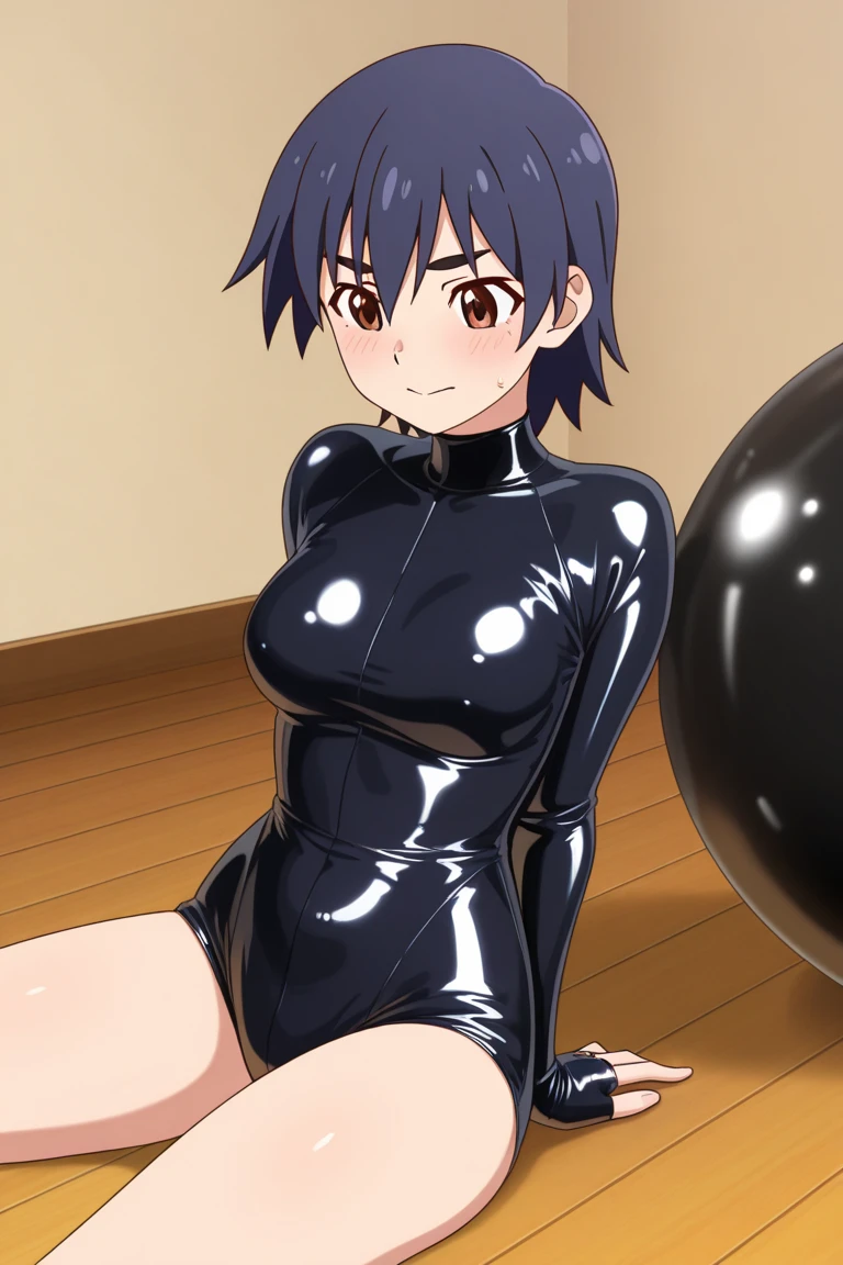 (Perfect body),Best Quality,(8K Portrait),(anime screen cap)、((Police Woman)),blush,Sweat,((large udder))、(Dark hair),((bob cuts))、Yellow eyes,(((thick thighs))),((Navy blue leotard))、((A smile))、showing teeth、one eye closed、(((Chibi)))、Squatting
