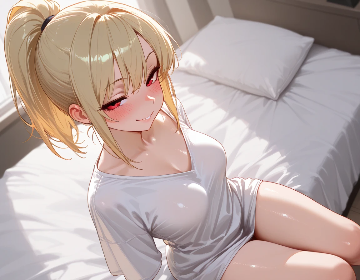 masterpiece, best quality, 1girl, solo, mature female, dark-skinned female, curly hair, long hair, blonde hair, yellow eyes, white tank top, white male underwear, sitting on bed, hands on bed, looking at viewer, seductive smile, seductive pose, bed, bedroom