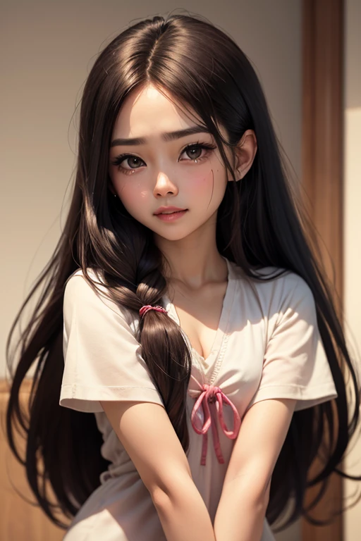 A 13-year-old girl, long black hair and almond-shaped eyes (wearing Hello kitty print clothes), a faint smile.