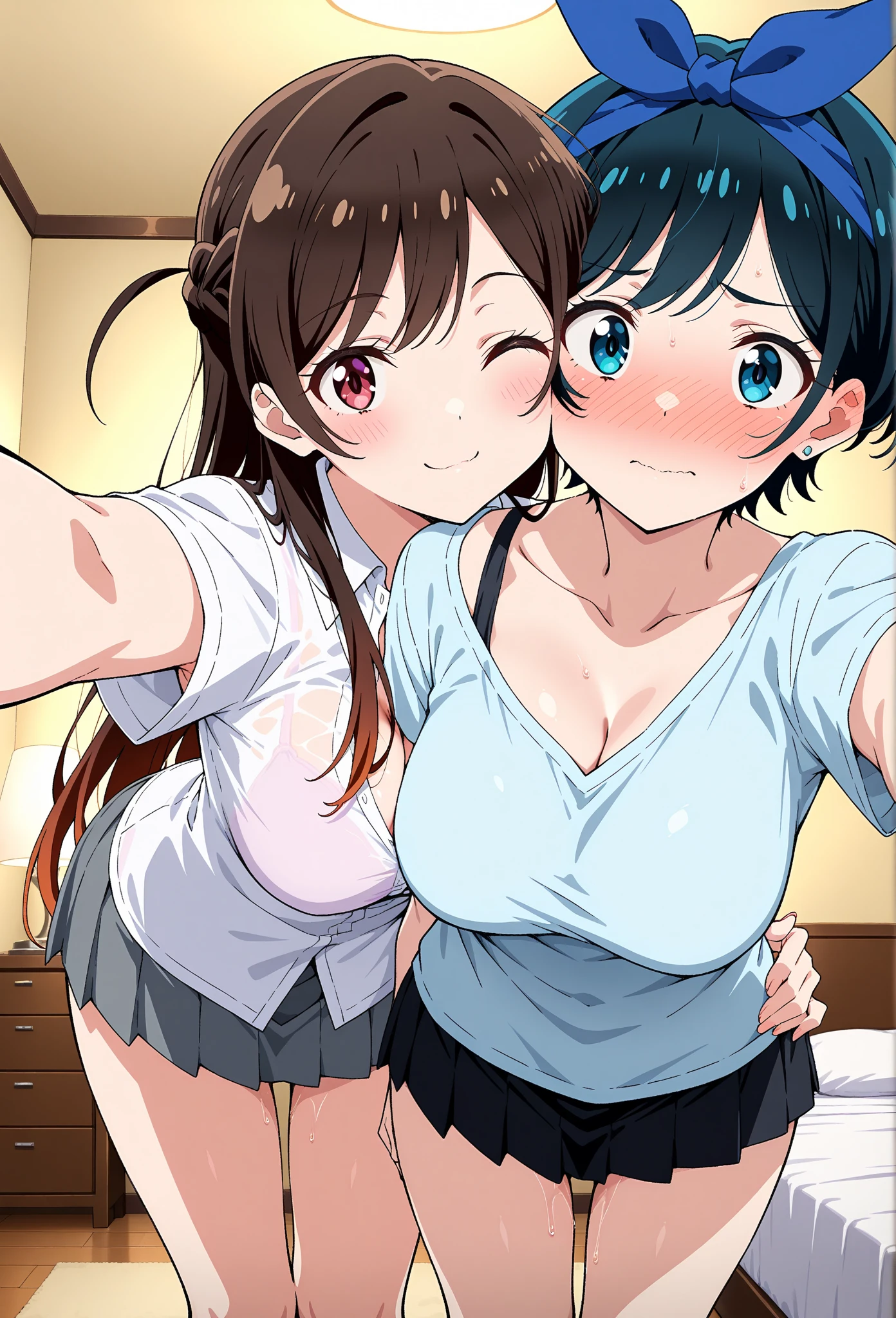 realistic, 2girls, ((selfie)), brown eyes, body close together, looking up, mouth wide open, smiling, face extra large zoom, sitting on bed, sexy, (bare shoulders), (covered nipples), (camisole), (lace-trimmed), (shorts), (dolphin shorts), (small breasts)