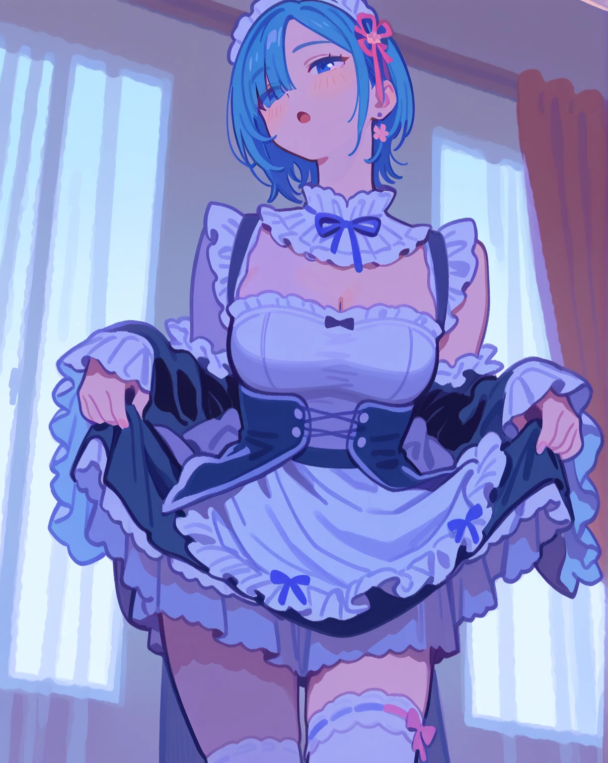 (((Pixel Perfect, Perfect detail))),girl,((Re:Zero Rem))(((Rem-style maid headband))),(whole body)Big Breasts, ((Bangs that hide the right eye))((Blue Hair))Roswaal Mansion Maid Uniform,Skirt lifted,Panties in full view,(((He has a displeased look on his face.)))