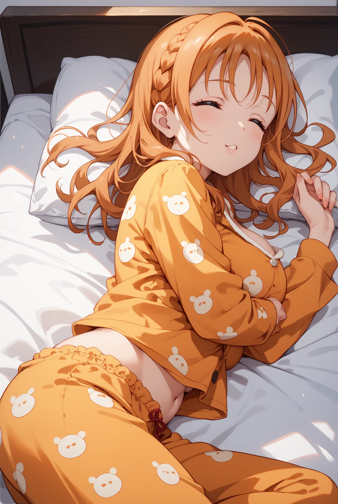 1 girl、High resolution、masterpiece、(alena-dq4、DQ4-ALENA、orange hair)、Are sleeping、ベッドでSleeping、よだれを流してSleeping、lie in bed、pillow、low length、slender、muscular、thin thighs、(((bedroom、Sleeping、Put your hands on your belly、yellow fluffy shirt、black panties with detailed decorations)))、Photograph her from below