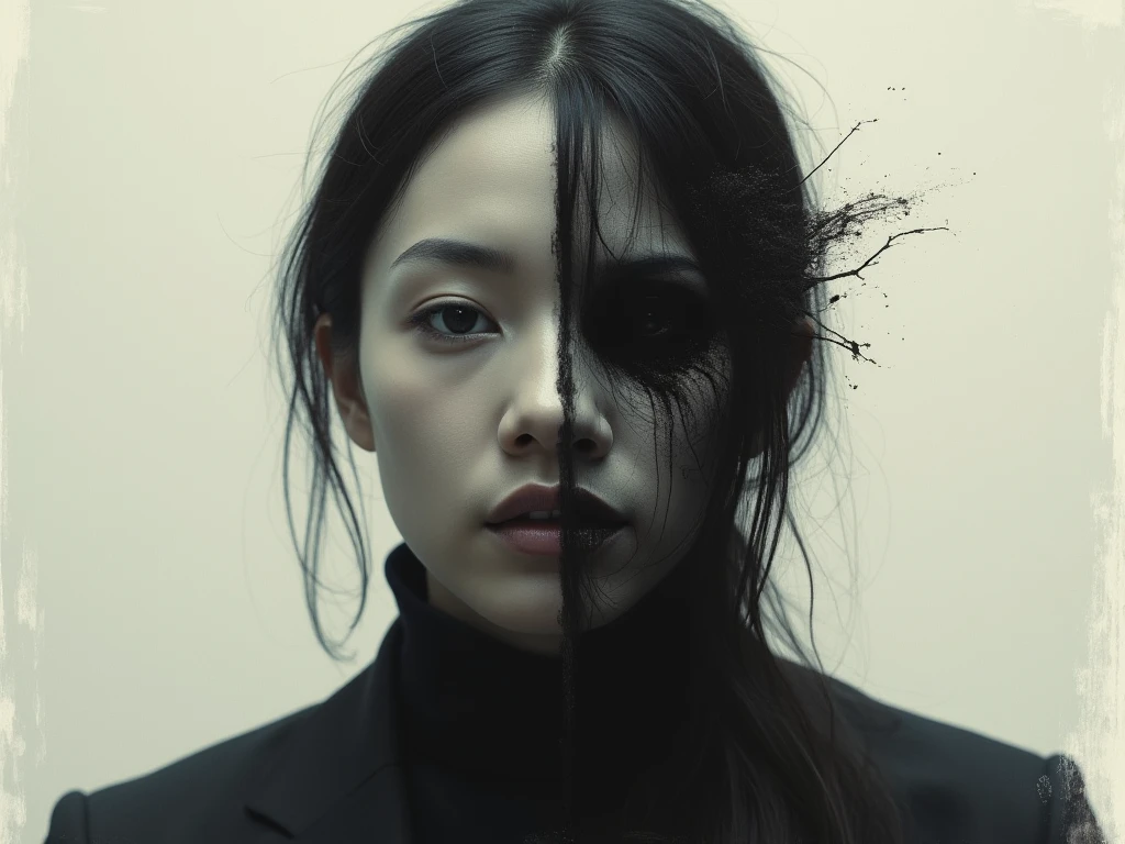 1Japanese woman,Long black hair,There are 2 faces stuck together in one body.,nighttime,Scary,frightful