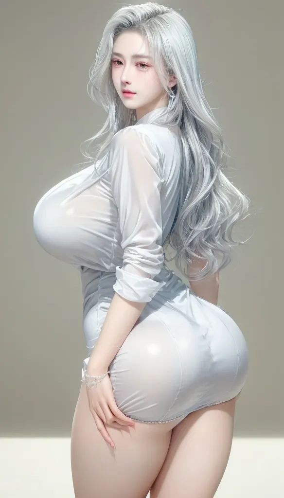 \(8K, Best quality, tmasterpiece:1.2\), \(actual, Fulll body Shot,realisticlying:1.37\),\(ulzzang-6500-v1.1\), \(A detailed eye\), \(detailedfacialfeatures\), \(\(Detailed clothing features\)\), (Face focus:1.3),placed in a,Fulll body Shot,Huge cleavage, LOP,Extremely tall,
1 very high, strong, Busty sexy girl, White hair,There is cleavage, Super long hair three meters long, Alone, Possessing extremely exaggerated huge and thick breasts,Big, thick, exaggeratedly long breasts,elongate waist,Extremely exaggerated huge thick butt,big thick ass,Extra long thick legs,Extremely exaggerated thick leg muscles, Extremely huge thick legs,hair covering one eye, with her mouth open, The shirt, looking at viewert, hand on hips, white skinned, baseball cap, colored skin, 鎖骨, collared shir, navel, through bangs, Indoors, side locks, Has gray eyes, thick tight, employee uniform, Open your clothes, cow boy shooting, White booties,rolled up sleeves, White hair,Very long hair,Patryn username,a skirt,White booties,white blood cell,Fulll body Shot。