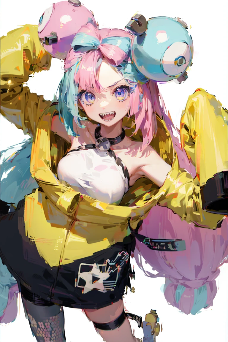 Highest quality、masterpiece、Big Breasts,Pink hair and blue eyes、Yellow Jacket、Please raise your right hand、Lower your left hand、Stand only on your right foot、Raise your left leg。smile、White Background,Nanjamo,No text