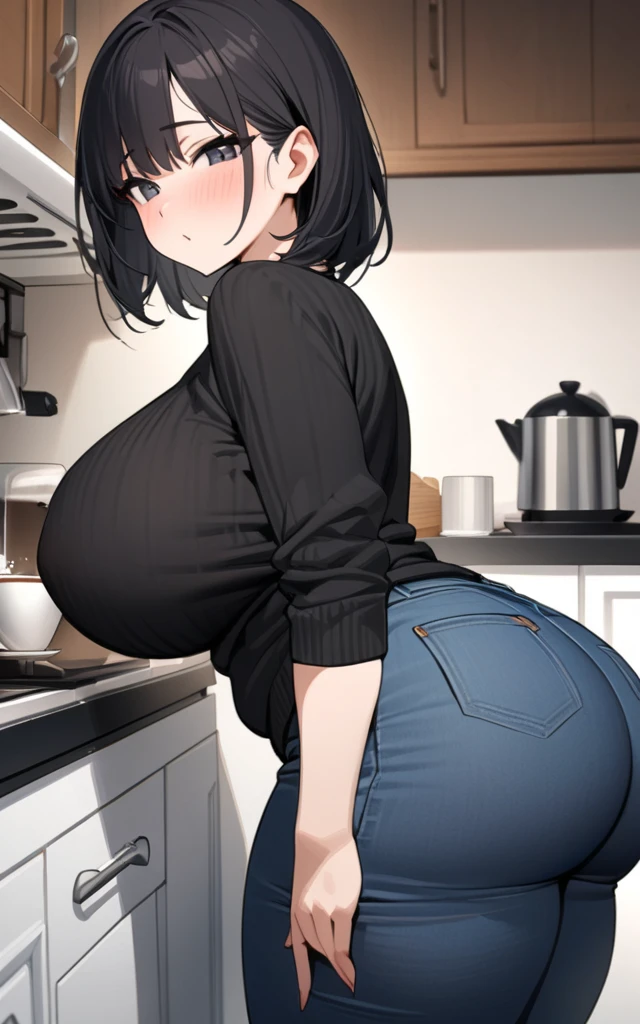high quality,best quality,masterpiece,(((house wife))),28years old,solo young face,milf,black short bob hair, bangs,perfectly detailed black eyes,large breasts,large ass,curvy,wearing black sweater tops,denim long pants,more young face,