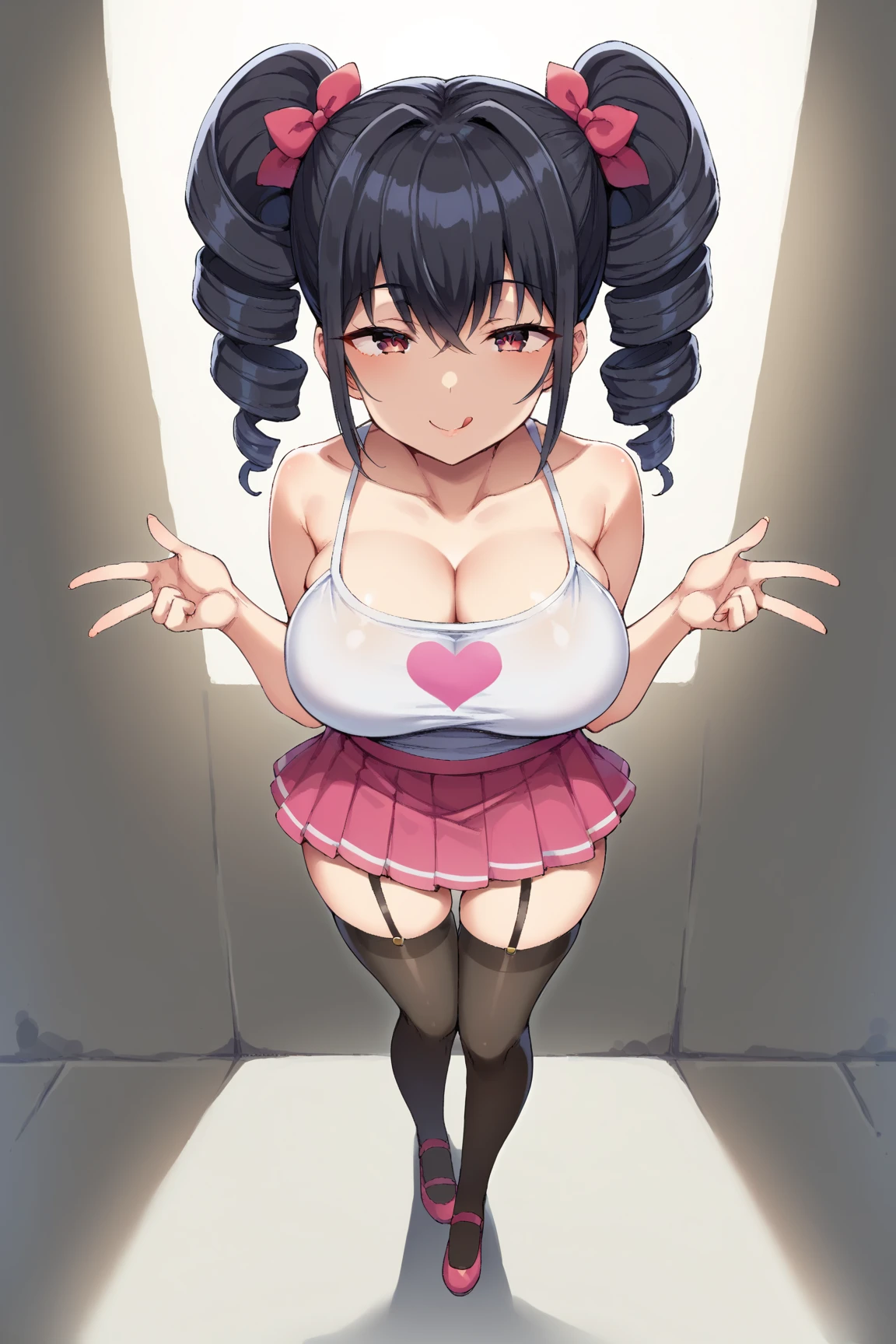 black hair, female, twin drills, solo, smol, pink eyes, massive breasts, very long hair, wear sexy outfit, masterpiece, ultra high quality