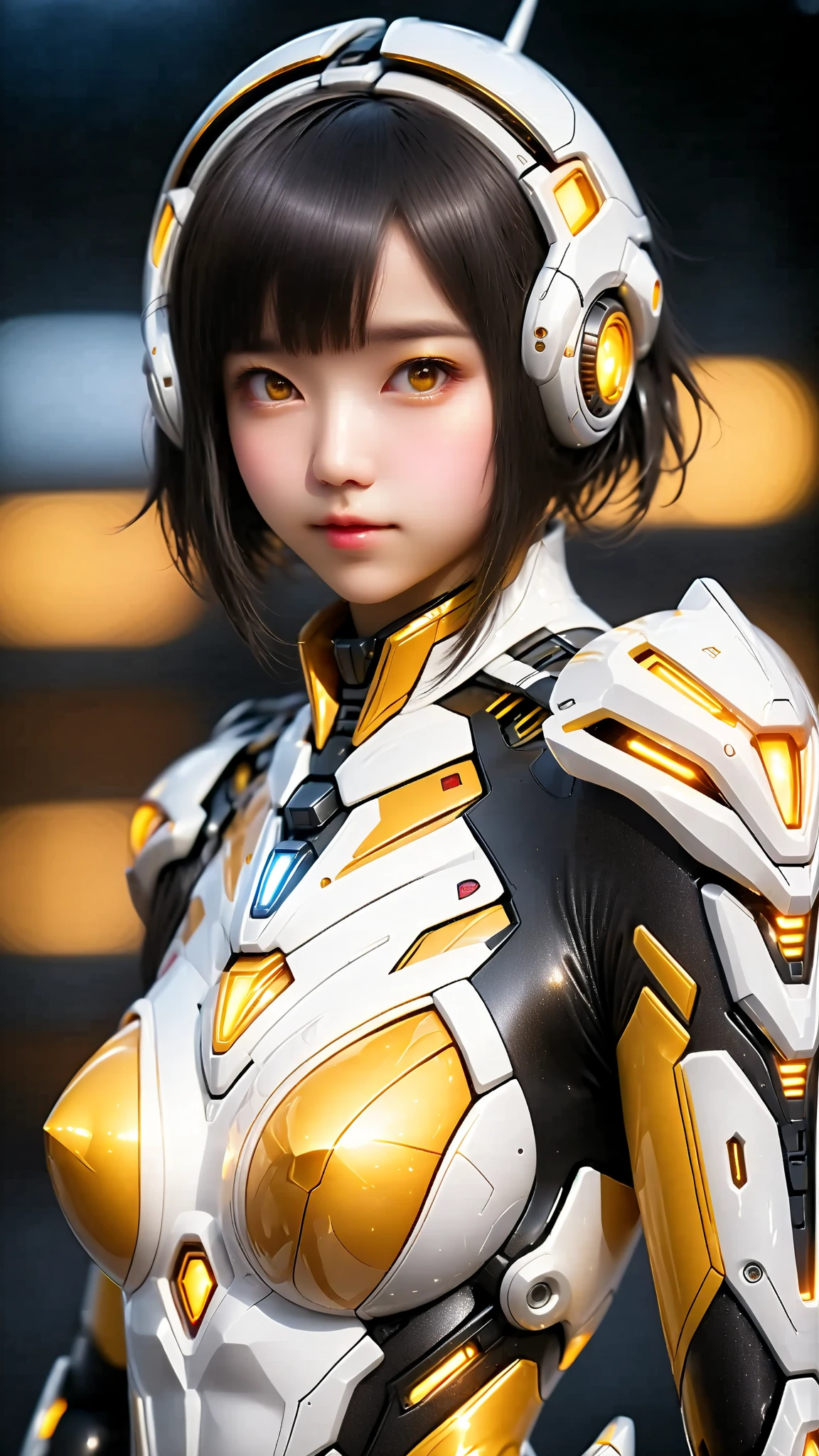 Highest image quality,Outstanding details,超高分辨率,(Fidelity:1.4),The best illustration,Favor the details,Highly cohesive 1girl,He has a delicate and beautiful face,Dressed in a light orange mech,wearing a mech helmet,Hold the direction controller,Riding on a motorcycle,The background is a high-tech lighting scene in an abandoned city of the future。