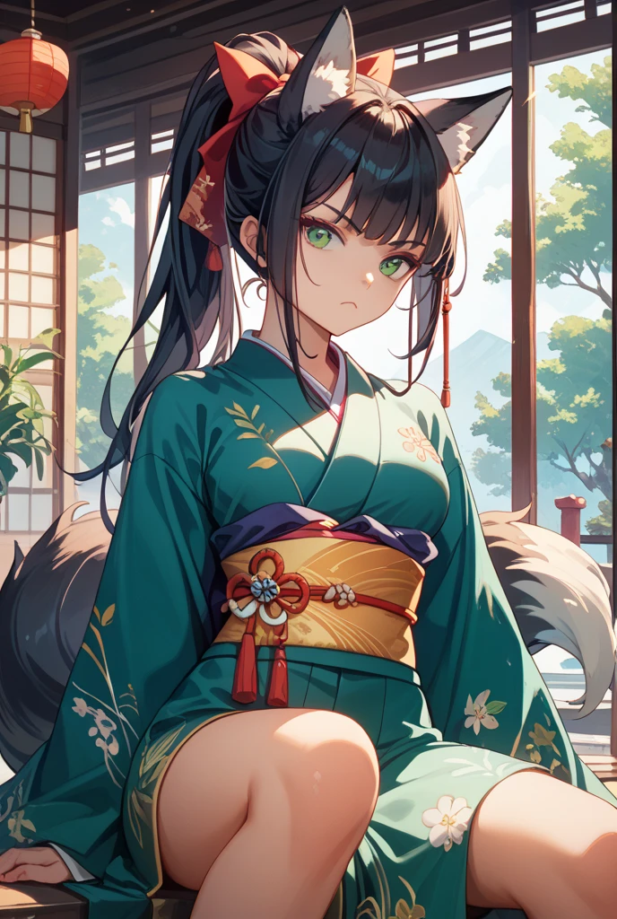 1 person,Looks like,kimono,Shorts,juvenile,のようなjuvenile,Black Hair,Celadon inner color,Celadon eyes,Fox ears