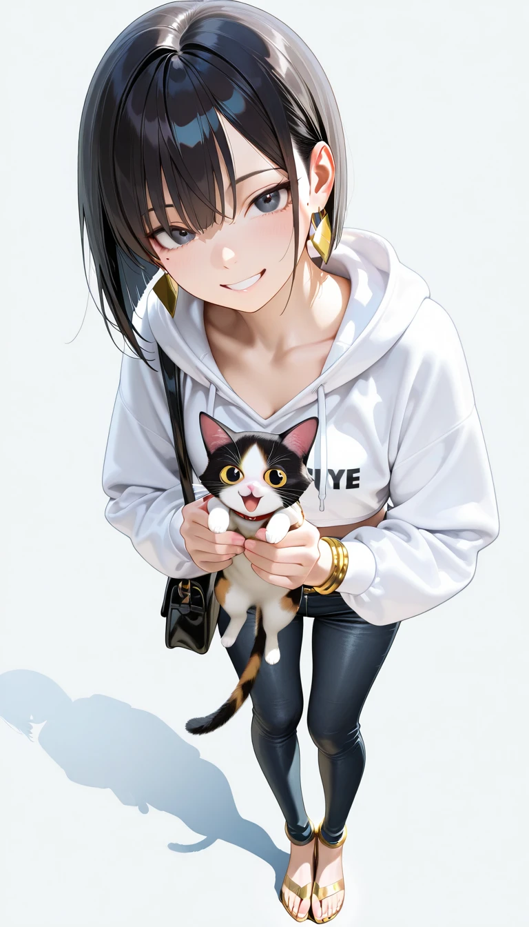 (obra-prima), (melhor qualidade), , barnet, pequena, olhos azuis, cabelo curto preto, comb on the top of the head, orelhas de gato, pele branca, na bochecha bigodes de gato, rabo de gato, camisa casual, Shorts preto, wearing sneakers