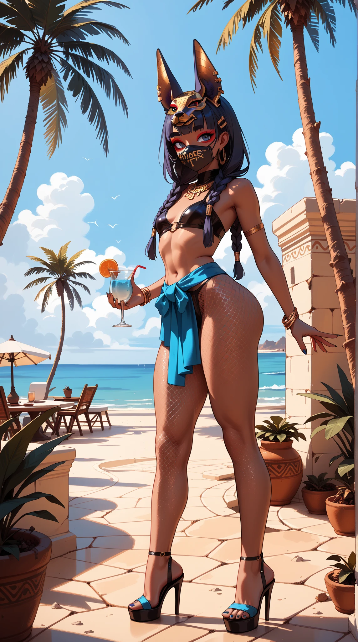 score_9, score_8_up, score_7_up, score_6_up, source_anime, BREAK 1girl, solo,Vixen_JLU, black hair, short hair, glowing brown eyes, orange bikini, eyeshadow, smile face, dark skin, black skin, legs focus, thick legs, underbutt, behind, from back, looking at you, grin, standing, beach