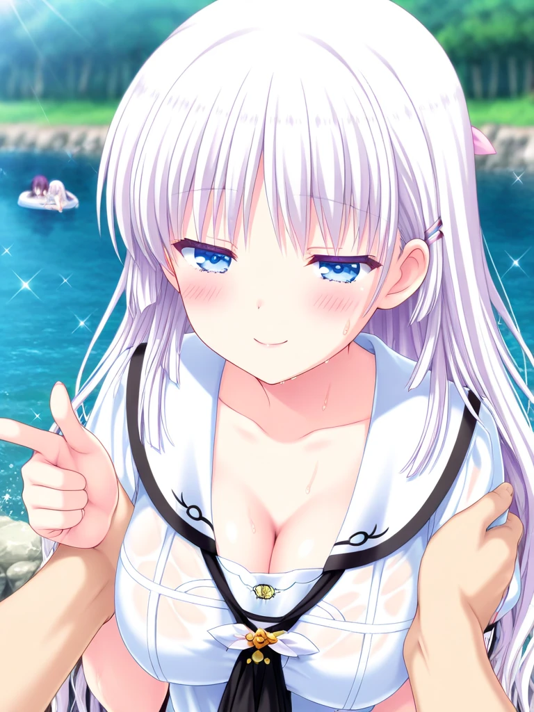 1girl, from side, 1boy, paizuri, penis between the breasts, breasts squeeze together, naughty,  disappointed with her small breasts she's struggling to titfuck, hiding behind the rock, beach, nipples,  wet penis, pubic hair, uninhibited island, comedy, long penis