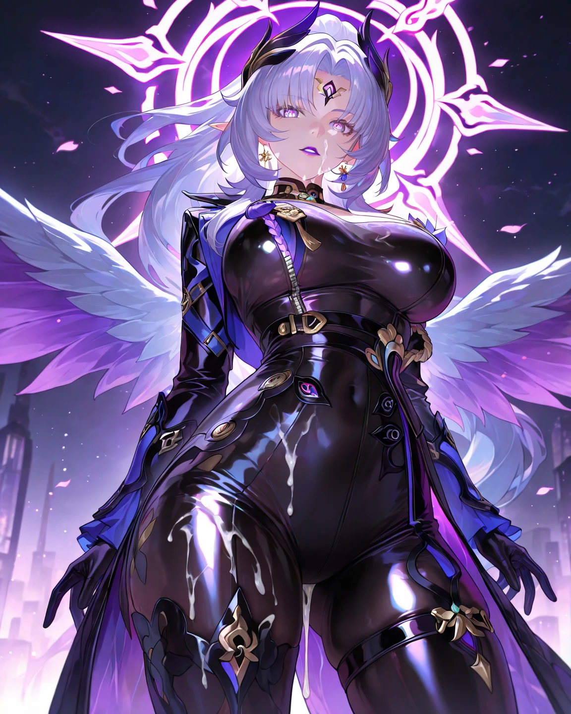 Yellow cyber suit, black skirt, cleavage, silver hair, purple eyes, mechanical trident, electricity flowing, fighting stance, abandoned factory, sparks, screaming, glowing wings, thighs, garters