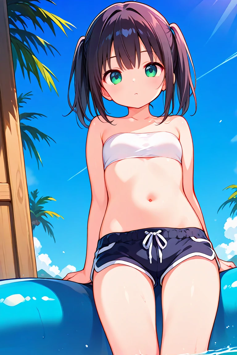Low - Angle、17 year old beautiful girl、162㎝。7 heads、cute、Embarrassed、blush。Shy smile、White tiny bikini、Sweaty skin、Long shiny black hair、Shining black eyes, (Wearing a plain white bikini)、Bikini is wet with sweat、Bikinis stick to the skin and are transparent、Crowded city、Sit on the road with your legs apart、Passersby are watching、Absurd, High resolution, Super sharp, 8k, masterpiece, View Viewer