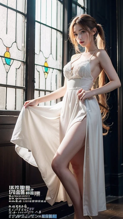Captivating image of a slender blonde with outstanding curves, Dressed in a charming fluffy white dress with fluff. on a neutral plain grey background.