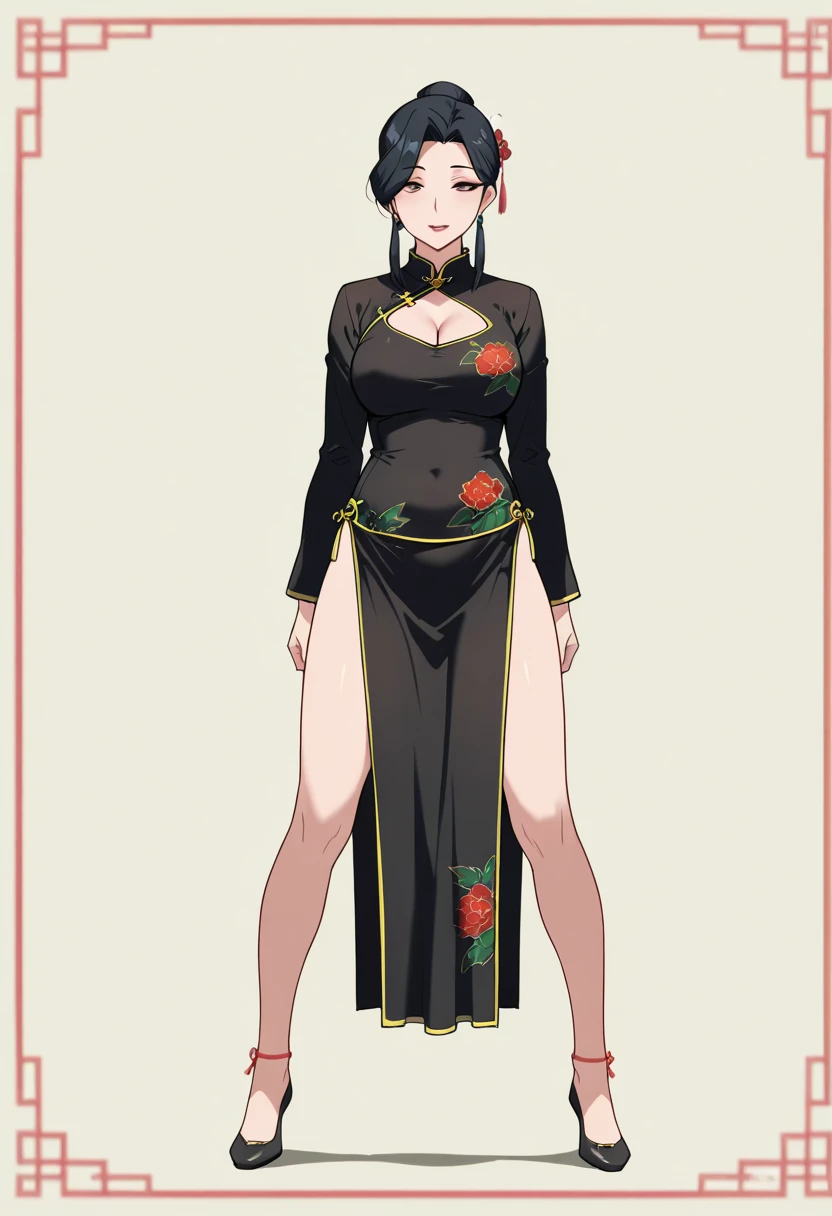 (1girl:1.2),(solo:1.2),chinese clothes,brown hair,dress,braid,hair bun,asymmetrical clothes,china dress,double bun,thighhighs,brown eyes,gloves,full body,asymmetrical legwear,standing,breasts,twin braids,uneven legwear,single thighhigh,clenched hands,(simple background:1.2),bun cover,looking at viewer,
