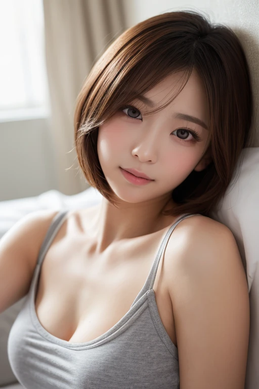 highest quality, ultra high resolution, (realistic:1.4), 1woman, young, Brown_eye, short hair, (Brownの髪:1), (lie on one’s back:1.1), (seductive smile:1), (full body shot:1.1)