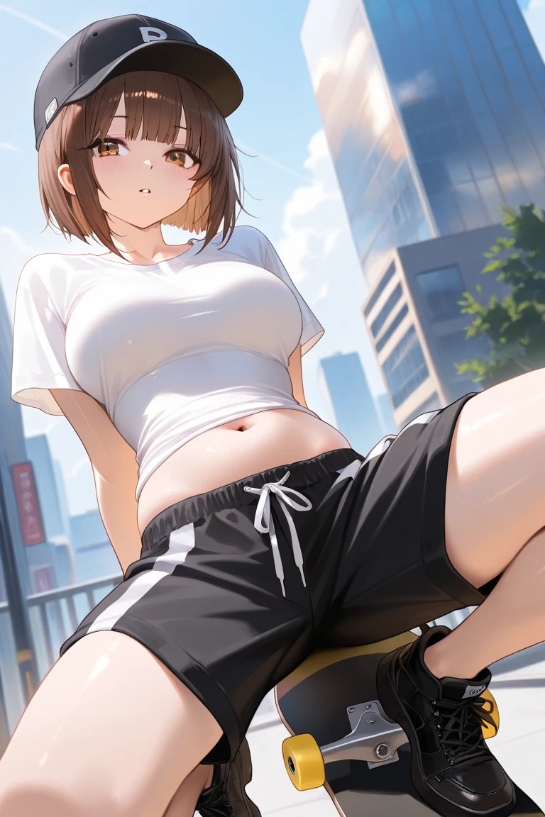 Tabletop, Highest quality, Realistic, In detail, High resolution, 8k wallpaper, Perfect dynamic composition, Beautiful attention to detail, (short Hair, Shiny hair, wave), Hair blowing in the wind, Big ample breasts, cleavage, Random pose, ((cute and thin  jacket)), (cute and sexy tank top, Stylish black, pants)、(Breast bulge:1.3), Laughter, Cityscape, Walking around Tokyo, ((Sitting, Spread your legs wide)), 23 years old、(Droopy eyes)、Adult Beauty、Japanese, ((from below, Photo from a camera placed on the ground)),