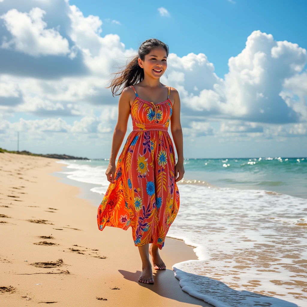 a 24 y/o Latina woman, (smile:0.05), floral print dress, beach