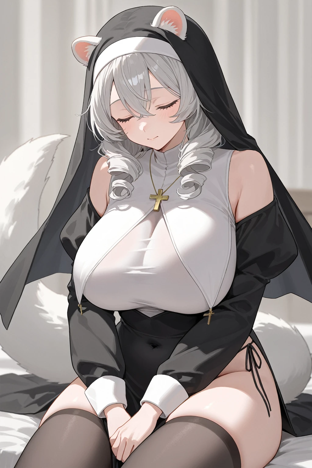 1girl, solo, nun, jewelry, closed eyes, habit, necklace, breasts, cross, cross necklace, large breasts, black dress, dress, tail, blue hair, outdoors, grey hair, long hair, long sleeves, leaning forward, tree, sweatdrop, parted lips, blurry background, blurry, bangs, teeth