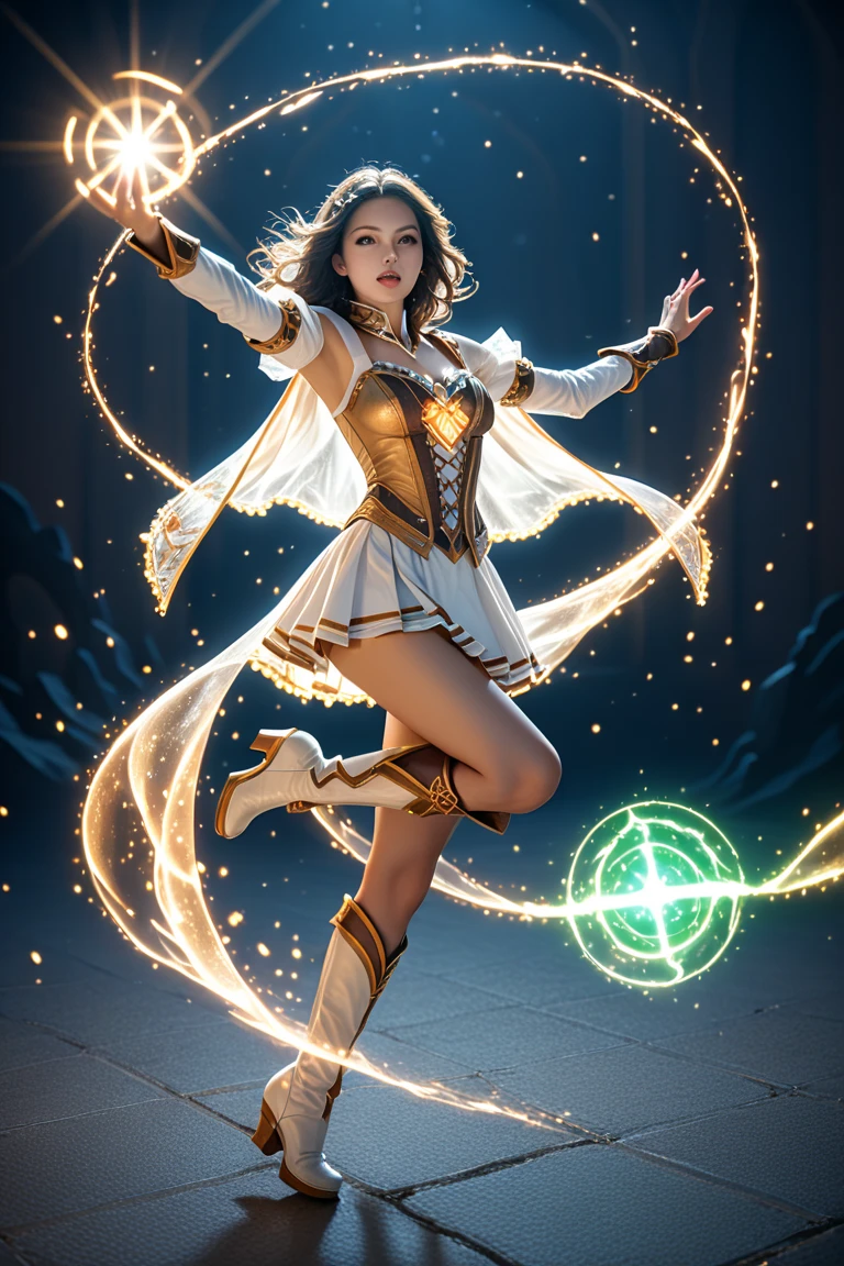 Long exposure photo of a young woman, ((wizard outfit)), epic scene, dynamic camera, backlight, (close up:1.2), high quality photography, 3 point lighting, flash with softbox, 4k, Canon EOS R3, hdr, smooth, sharp focus, high resolution, award winning photo, 80mm, f2.8, bokeh . Blurred motion, streaks of light, surreal, dreamy, ghosting effect, highly detailed