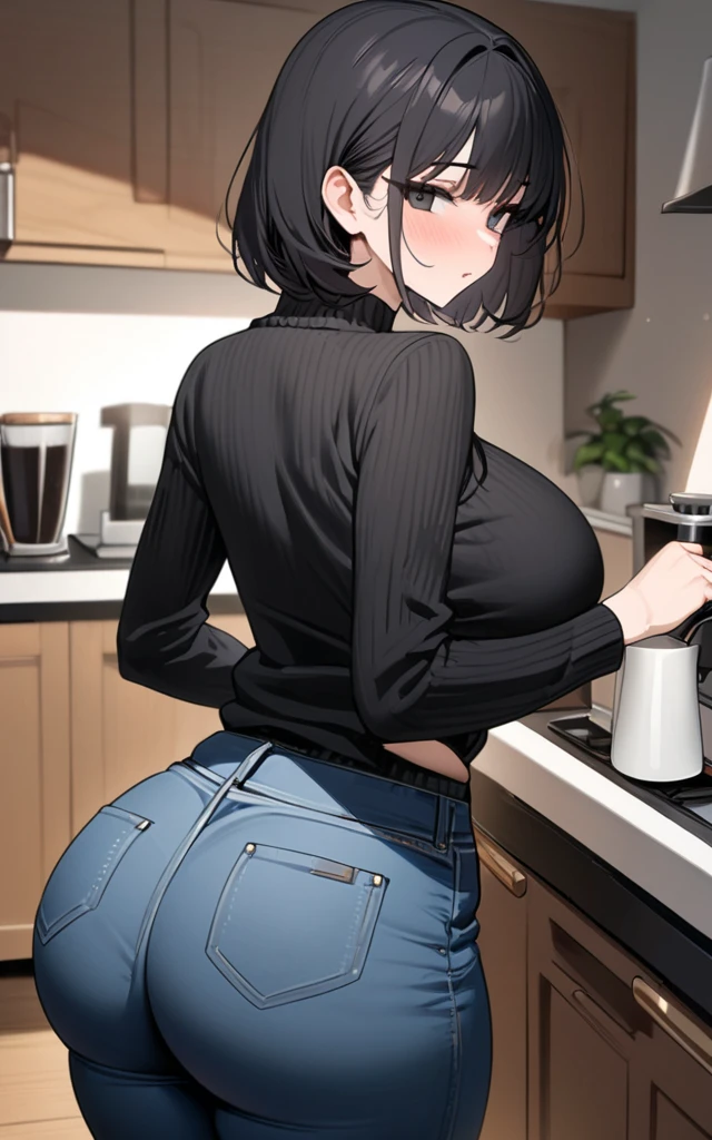 high quality,best quality,masterpiece,(((house wife))),28years old,young face,milf,black short bob hair, bangs,perfectly detailed black eyes,large breasts,large ass,curvy,wearing black sweater tops,denim long pants,making coffee in kitchen,