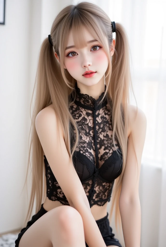 POV, Fate GO, Astolfo, Abigail Williams, comfy clothes, radiant eyes, bright green eyes, eyes rolled back, pink sweat shirt crop top, sexy black lace underwear, black lace choker, looking up, living room background, laying on each other, seductive,