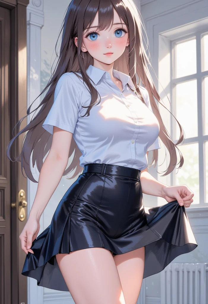Extremely detailed, masterpiece, high resolution, realistic, 1girl, (very short), small chubby legs, big waist, (large bust:1.2), (very long brown hair), hazel eyes, alluring eyes, unbelievably cute face, cute eyes, looking down at viewer, short white skirt, white polo shirt, tight clothes, full body shot, in bedroom, (soaking wet), just got out of shower, (incredibly wide hips), (chubby:1.2)