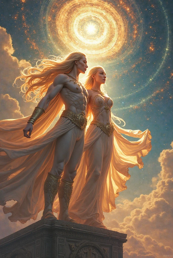American classic comic book art: handsome ethereal young man delicate, long yellow blonde hair with waves, elf ears, red outfit dress demon, black gloves, sorcerer red tiara on forehead, beautiful thighs, blue eyes, very young face boy, red mini skirt, emanating fire, black nails, black stockings, ethereal male body, medieval, ethereal mystic man, classic comic book