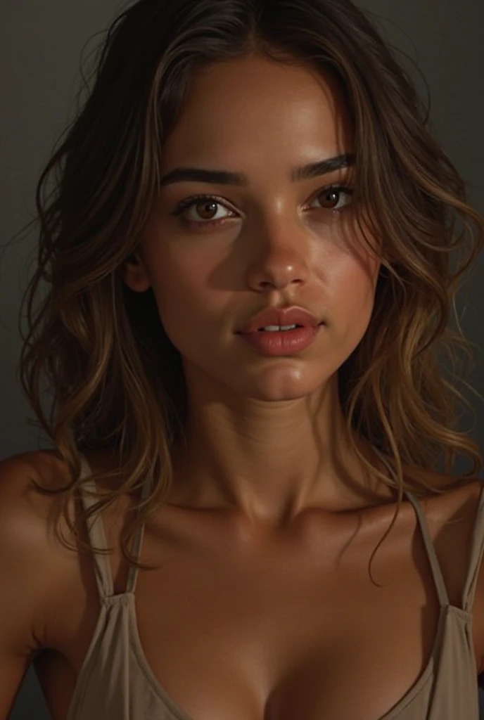 (4k, peefect light, cinematografic), Front Realistic image of  Jessica Alba, fit woman ,blond, detailed eyes, sweaty body, naked, (realistic skin, detalid image)
