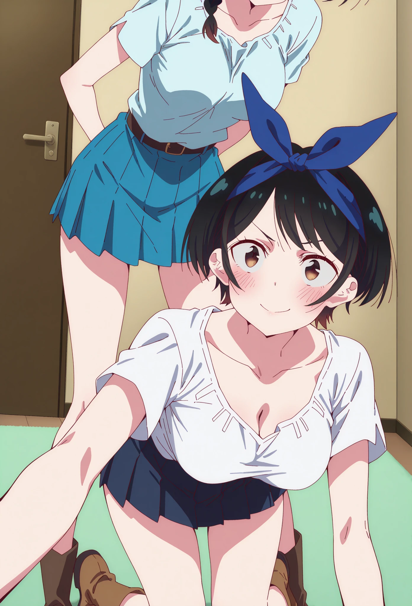 ((Best quality)), Anime Style, 1girl, small breasts, looking shy, nsfw, black hair, blue eyes, Cowgirl Positon, Tamako Kitashirakawa, Tamako Market, White Background