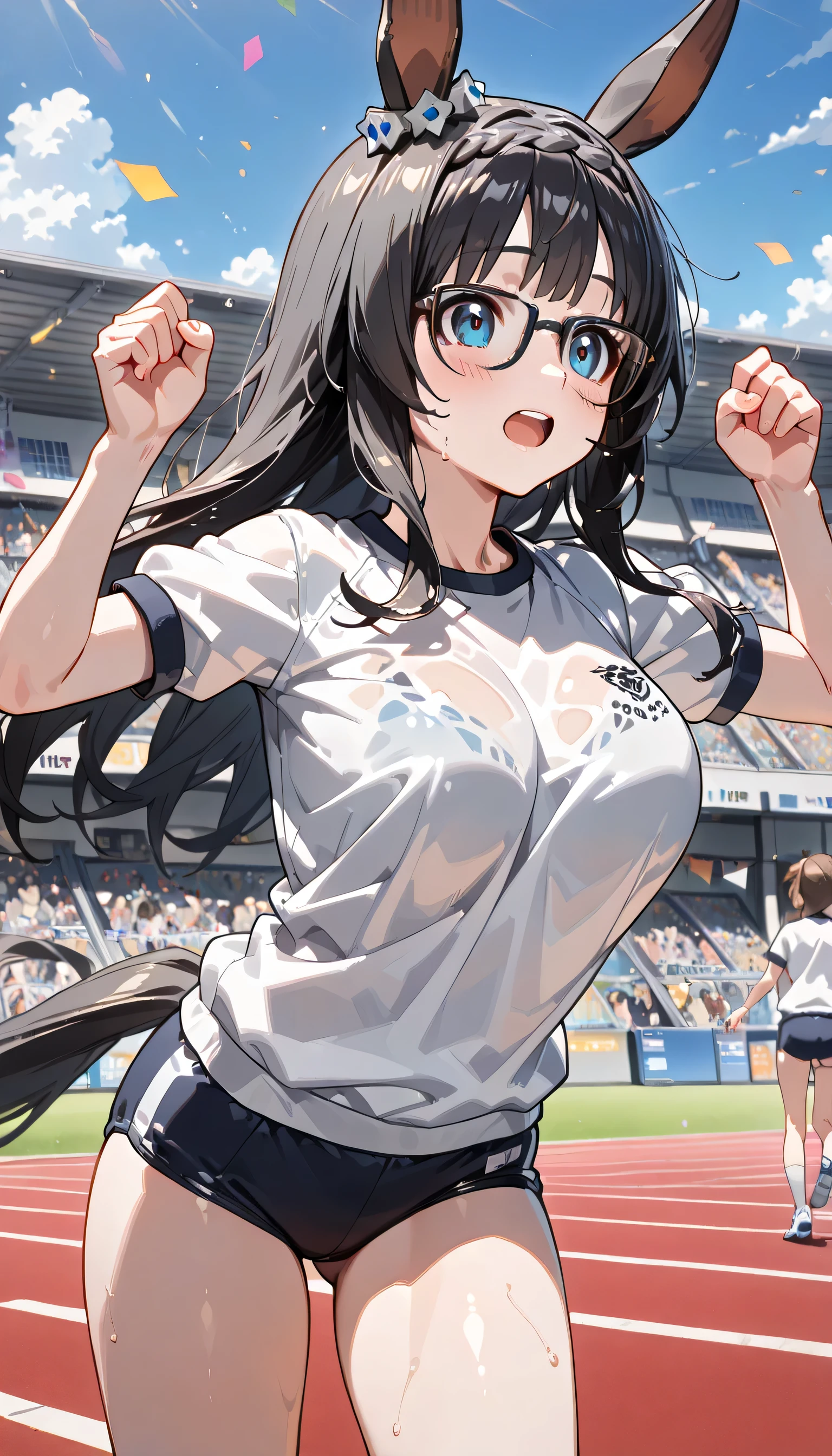 ((ultra-detailed)), (highly detailed CG illustration), (best quality:1.2), ultra-highly detailed, colorful composition, artistic photoshoot, 1girl, solo focus, thigh to top, cowboy shot, moe anime character, girl, dainty facial structure, baby face, round face, rounded chin, ideal ratio body proportions, Zenno Rob Roy, (umamusume), ample breast, Zenno, (glasses:1.3), (black-rimmed glasses:1.3), long dark hair, blue eyes, horse ears, horse girl, brai:1.3, ample breasts, white gym uniform with Navy blue rim:1.3, navy blue school gym buruma, wet body, smile:1.3, open mouth1.3, blush:1.3, sweat:1.4, (running in the school sports field:1.2), running through the goal:1.3, finishing in t place:1.3, tape cutting:1.3, Confetti is flying:1.3, from front, dynamic pose:1.3, contrapposto pose, best quality, expecting, pink cheek, blush, light pink gloss slip, portrait, depth of field, soft lighting, sidelighting, shine, lighting, caustics, ray tracing, perfect face, lustrous skin, highly detailed face, highly detailed eyes, perfect face, perfect nose, perfect hair, perfect eyes, perfect anatomy, beautiful hair, beautiful small face, extremely detailed face, beautiful detailed eyes, beautiful clavicle, beautiful body, beautiful huge breasts, leavage, breasts squeezed together, equalize the size of the left and right breasts, beautiful fingers, ((4 fingers)), 1 thumb, lovely, (very detailed background:1.0), (highly detailed background:1.0), rainy aesthetic, intricate details, rainy atmosphere, night colors palette, chromatic aberration