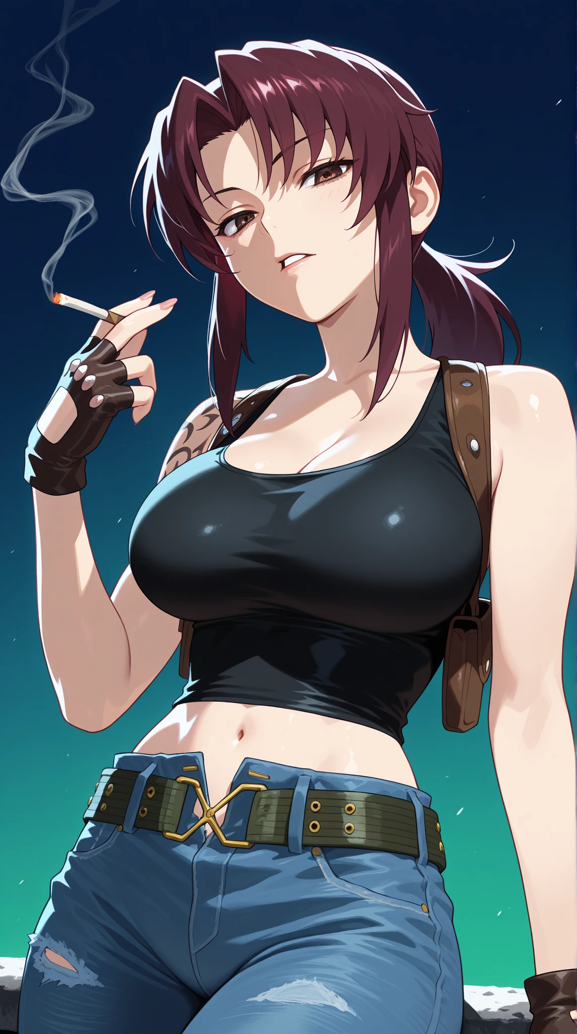 revy, arm tattoo, masterpiece, best quality, absurdres, 1girl, big breast, big chested, looking at viewer, standing, outdoors, street, cowboy shot, fingerless gloves, belt, cigarette, (smoking:1.5)