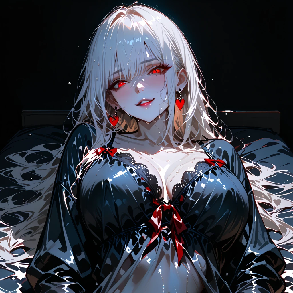 ((ultra detailed, 8k, high res, masterpiece)), (Highly detailed face), ((detailed look:1.8, Highlighted blue eyes)), full body, beautiful woman, Platinum blonde hair, silky hair, seductive smile, white skin, flushed cheeks, Red negligee, (Very large breasts), Red lips, bed, Emphasize cleavage:1.3, cowboy shot, high angle:1.5, face up, throw oneself down, bewitching figure, overexposed, Daring Outfits