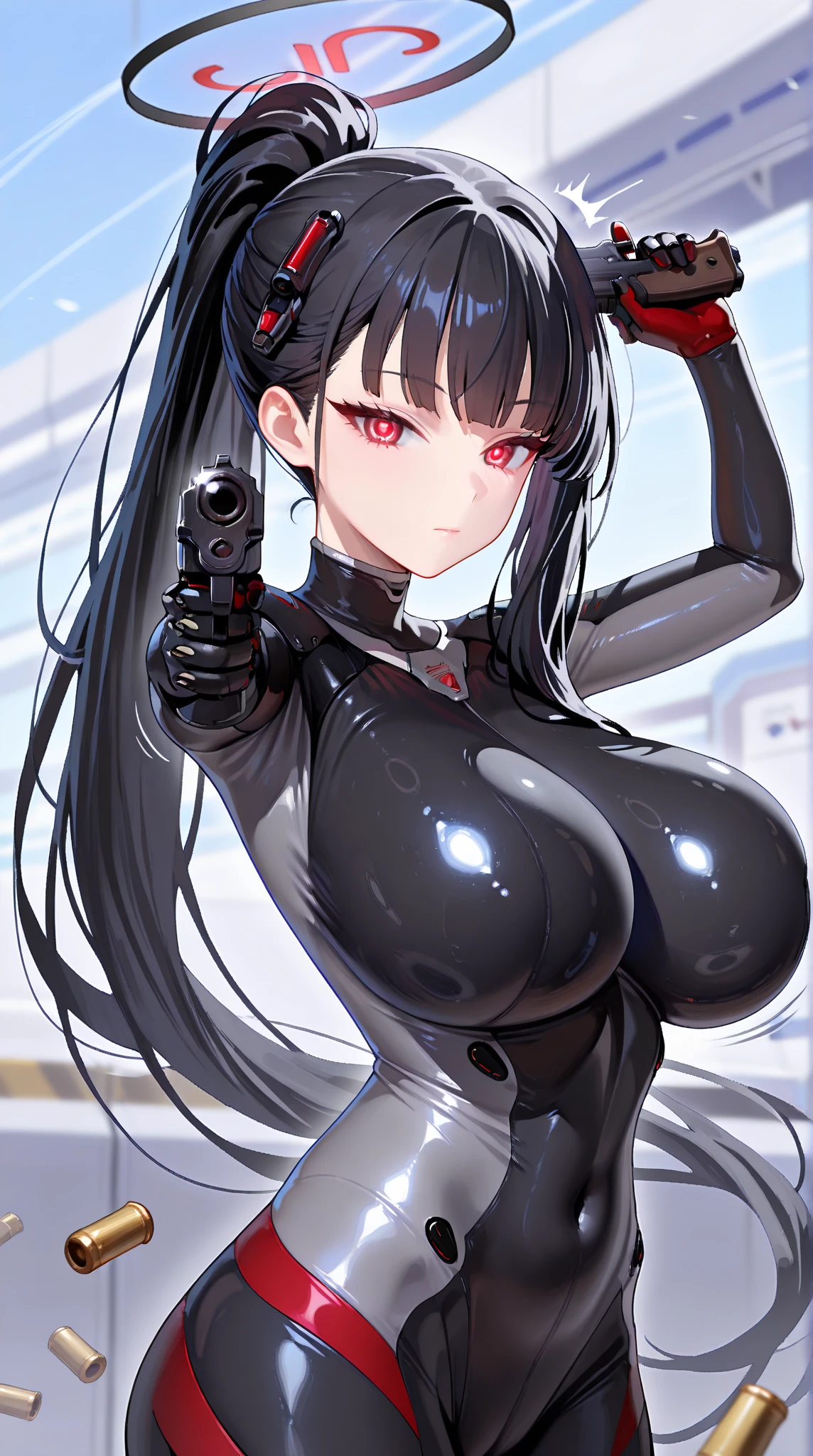 brown and gray sniper girl wearing brown militray suit,Huge Breasts,ruins,red glasses,Thick smoke,cleavage,Lipstick,pant,ponytail hairstyle