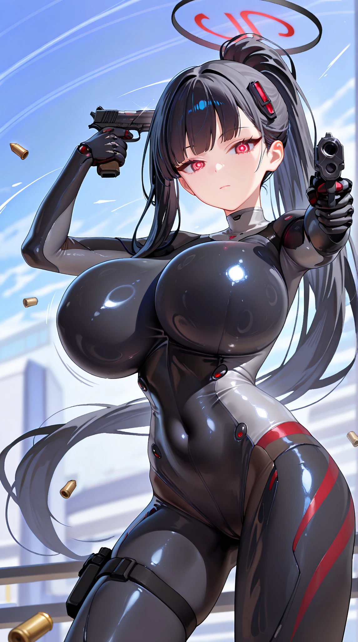 hot, sweating, sweaty, slight tan, big boobs, tan skin, black hair, ponytail, flustered, blush, latex suit, latex , suit, latex suit, body suit, entirely covered up, full body suit, red suit,