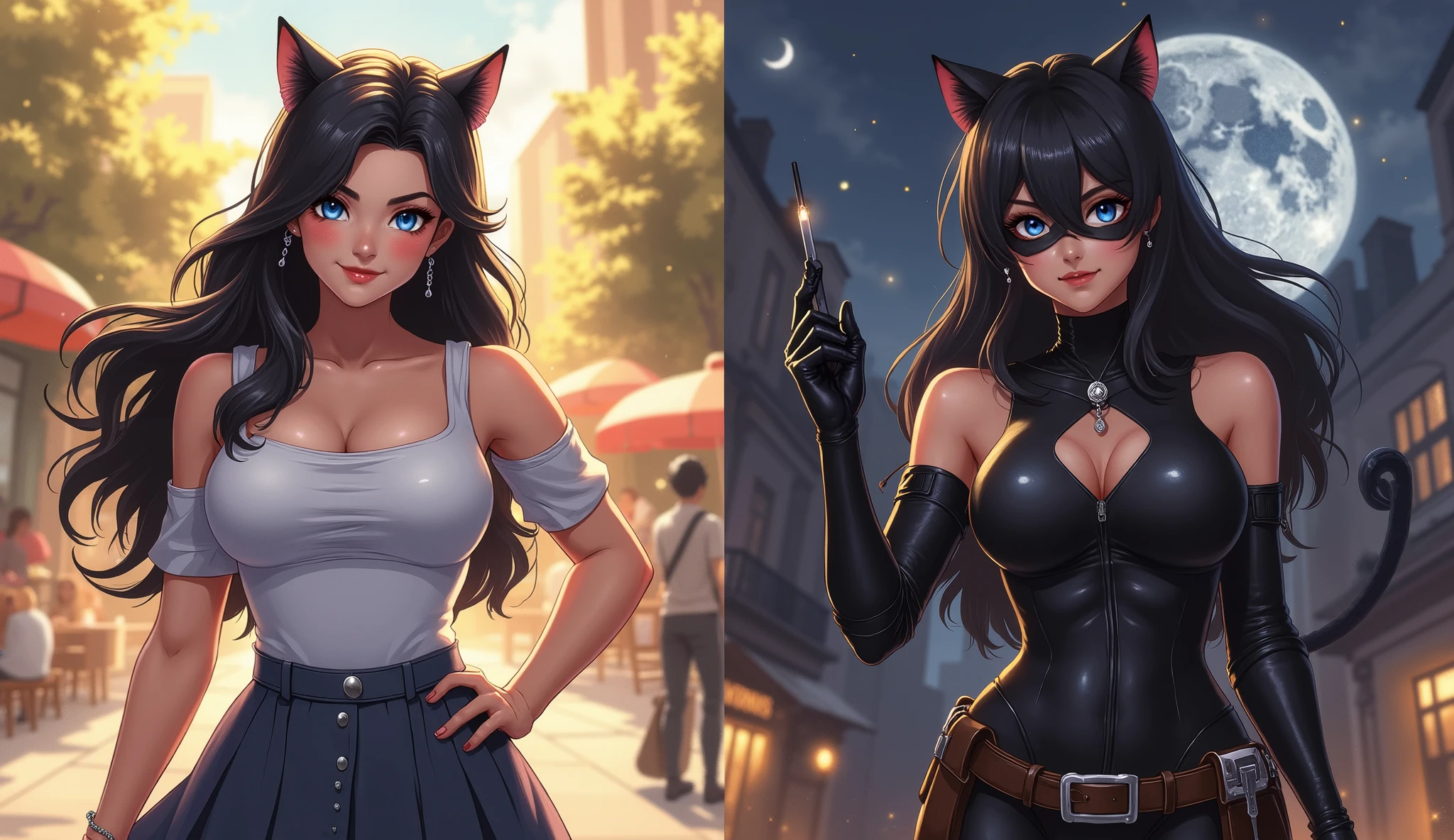 1 girl, Miqo'te Final Fantasy 14, wears black jeans, black top, Arms crossed, Dark hair, Green eyes, Tail, brown skin tone, tanned skin, cat's tail; portrait, smiling face, tribal mark, exterior scene,