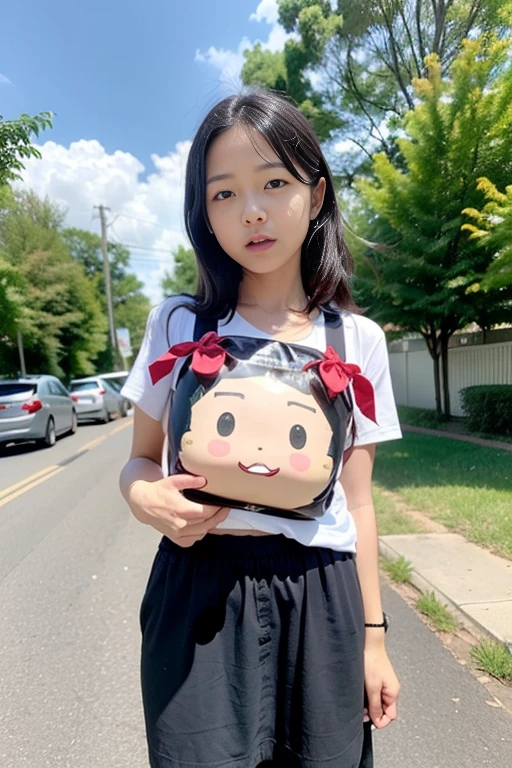 Small Japanese kindergarten ??? on a mini skirt croptop uniform smilling (kids)