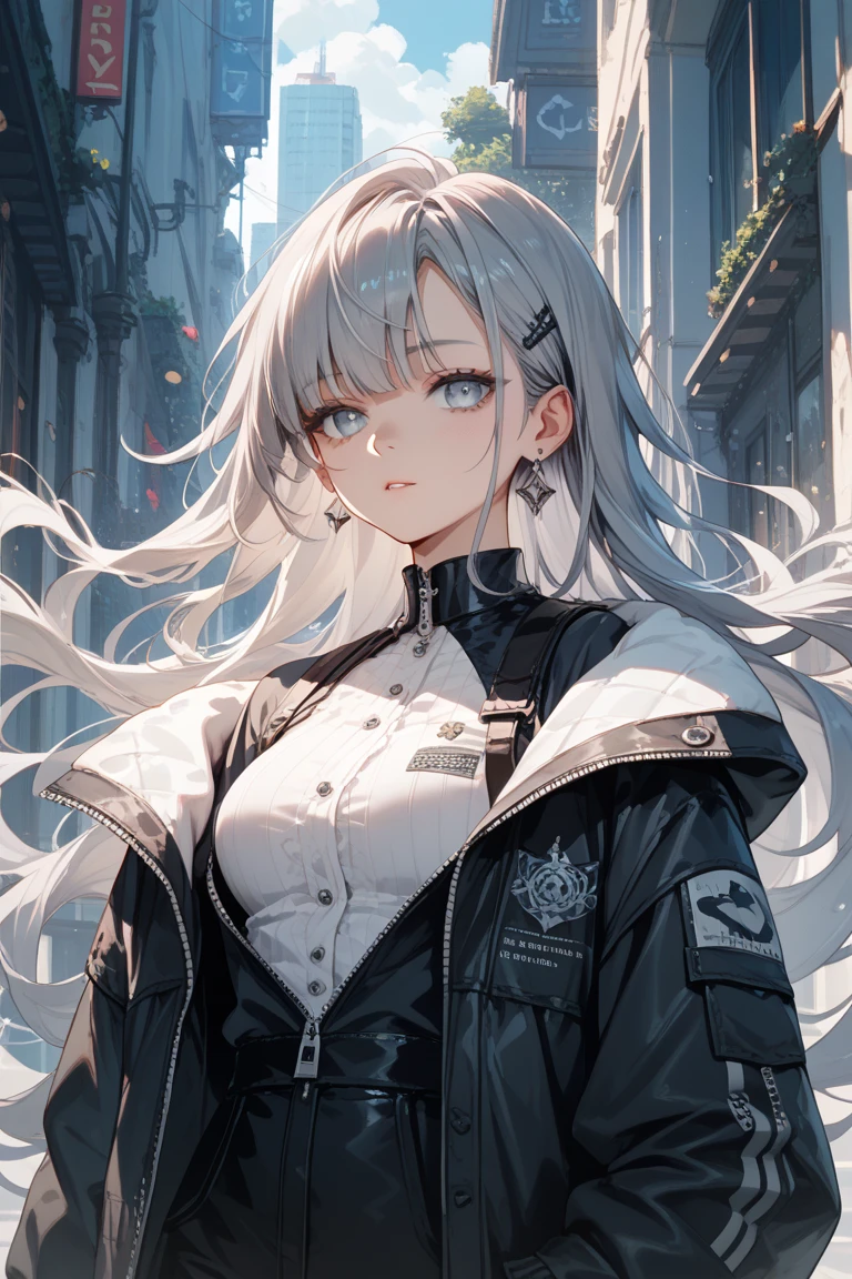 optimum,tmasterpiece,A high resolution,best qualtiy,hyper HD,super detailing,Award-Awarded,16k,独奏,(The upper part of the body),anatomy correct,Beautiful cyberpunk girl,cute face,,Gradient Beige Hair,Hairline,((Scarlet eyes)),long eyelasher,Hanging eye corners,White skin of the,(small boobs),(Slim body),((College uniforms and short jackets)),(),ear studs,(neck rings),(Laser material clothing:1.2)