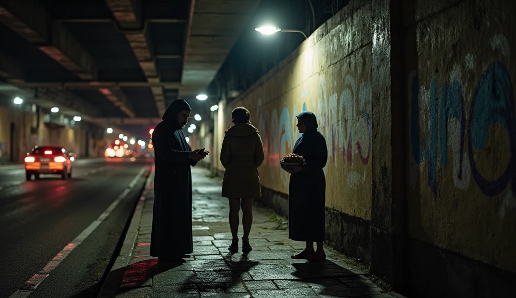 two beautiful naked women fight each other, detailed faces, on the street of an ancient city, night