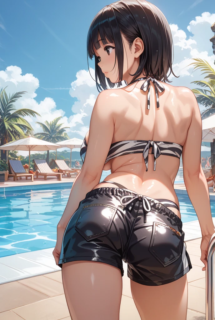 NSFW, (4+girls:1.5), (alternate athlete swimsuit pool), tanned skin, dark tanned skin, oil, abs:1.5, tan lines, dynamicposes, girls playing beach volley, ball of beach volley, net, masterpiece, top quality, ultra high definition, highest resolution, very detailed, perfect face, professional lighting, clean skin, CG illustration, slender, very cute, young face, cleavage, lower breast, wet body, (breasts out:1.4), different hair colors, short hair, pixie haircut, semi-long hair, different hair cuts, hair ribbon, blush, navel, from below, wet body, (breasts out: 1.4), (plastic bag 1.2), transparent swimsuit, beach, sand, water, (wind: 1.3), girls playing behind, showing ass, black necklace choker