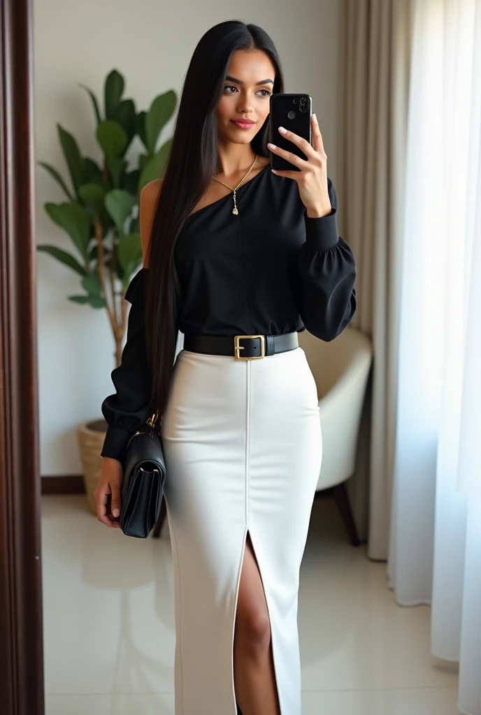 hour glass body with black skirt long and black work shirt and gold necklace as well as long dark brown hair and hazel eyes professional