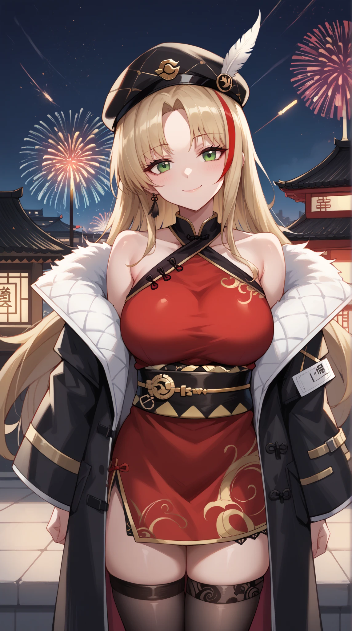 ((one personの女性)), Beautiful Face,Embarrassed and kind expression,恥ずかしくsmile,((Wink:2.0)),smile,turn bright red,Glossy pink lips,night,Shrine festival sexpensives,firework, ((Anime style background)),masterpiece, highest quality, so beautiful, Latest, Complex details, (Pink long nails),AI-generated, Complex,High resolution, highest quality, super high quality,3D Images、View your viewers、3D Images,one person,Long Blonde Hair,High Ponytail,blue eyes,Anime woman posing for a photo, [[Fine grain、Colorful eyes、Shining Eyes:1.15]],(Squint your eyes:1.1),a hyperRealistic , hyperRealistic , Realistic,Blonde anime woman with long hair, Smooth anime CG art, A woman in a colorful kimono with gold embroidery, (Black kimono),Red floral pattern,Long flower hair ornament,Big earrings,(Big Breasts:1.2),Mature Body,expensive,Big Ass,Fine details,Tight waist,Abdominal muscles,(Put your hands behind your head),Shooting from the side