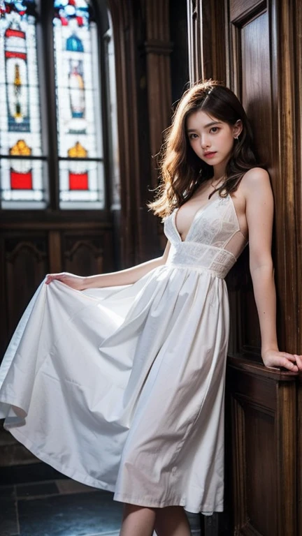Beautiful 25 year old tall and slender woman。perfect legs. perfect face. She is fashion model. She is staying in the old classic church. She is wearing a wedding dress. Her one leg is visible and the other is hidden by the dress. She is illuminated by sunset light. the evening church lights is on . her dark brawn hair. High resolution、masterpiece、highest quality、頭w:1.0、((Hasselblad Photos))、fine skin、(movie lighting)、clavicle . full body picture.