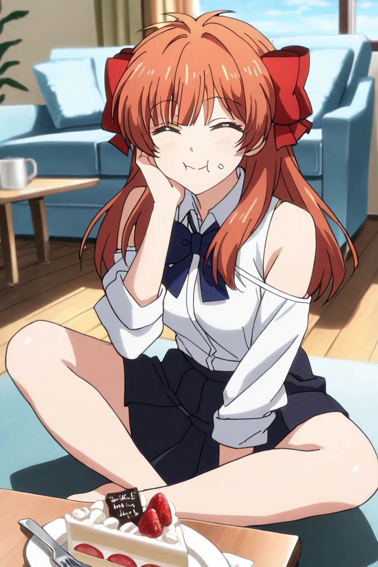(1 girl), brown hair、sakura chiyo、1 person、pose to seduce a man、high school girl、big lips, anime, beautiful lips,, ((highest quality)), on the bed、soft shading, High resolution, sexy pov, big lips, big lips,x ornament, ornament, duck face, Lip Focus, glossy lips、sweaty、white shirt、skirt、Red face in heat、blush、Ahegao、Baby-faced female student、smile、beautiful feet、black stockings、grinning、Glossy legs