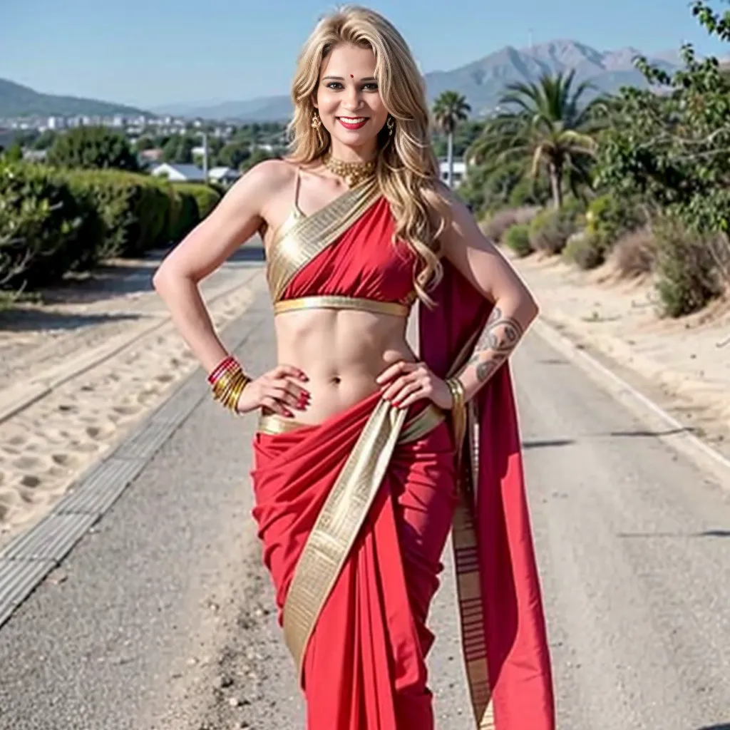 "(Portrait: hyper-realistic) Elsa Jean, (Indian red full saree: eye-catching) and (red lipstick: vibrant). Full body shot, (realistic pose), (camera focus: front)." Full body cover with Indian saree. She standing in Indian wedding event.