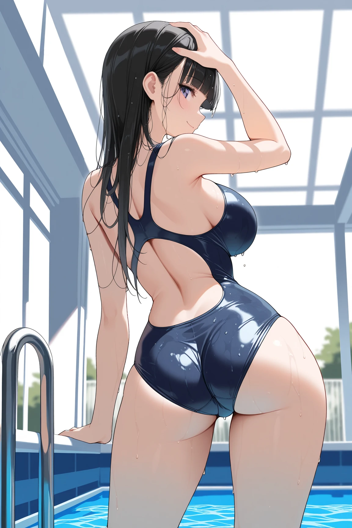 2d, masterpiece, ((standing)), living room, best quality, full body, full pose, anime, highly detailed, cowboy shot, 1girl, solo, yuri, purple hair, purple eyes, long hair, hair between eyes, hairclip, medium breasts, ((one body blue swimsuit)), ((black geek glasses)), thights, slim body, slim legs, bare legs, ((happy face)), blushing, red face, ((feets)), ((looking back)),