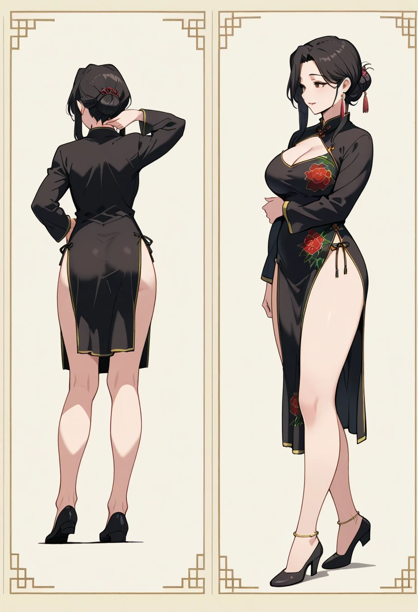 (Masterpiece), (Best quality: 1.2), absurd and intricate details (Highly detailed skin: 1.2), ((huge breasts)) 1 mature woman, mature body, huge breasts, dark black hair in a bun, green eyes , red lips, black mourning kimono, neckline, pearl necklace and earrings, serious expression. sensual posture, ((full length standing, white background, character sheet))