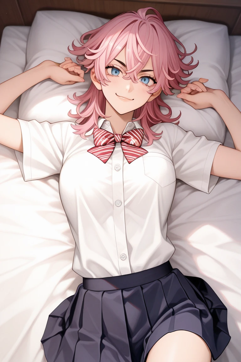 woman、short hair、Black blazer、Short pleated skirt、White underwear、Wrinkles in underwear、On the bed、Pink Rotor、Red bow tie、Melted face、Beautiful thighs、Your underwear is wet、Handcuffed